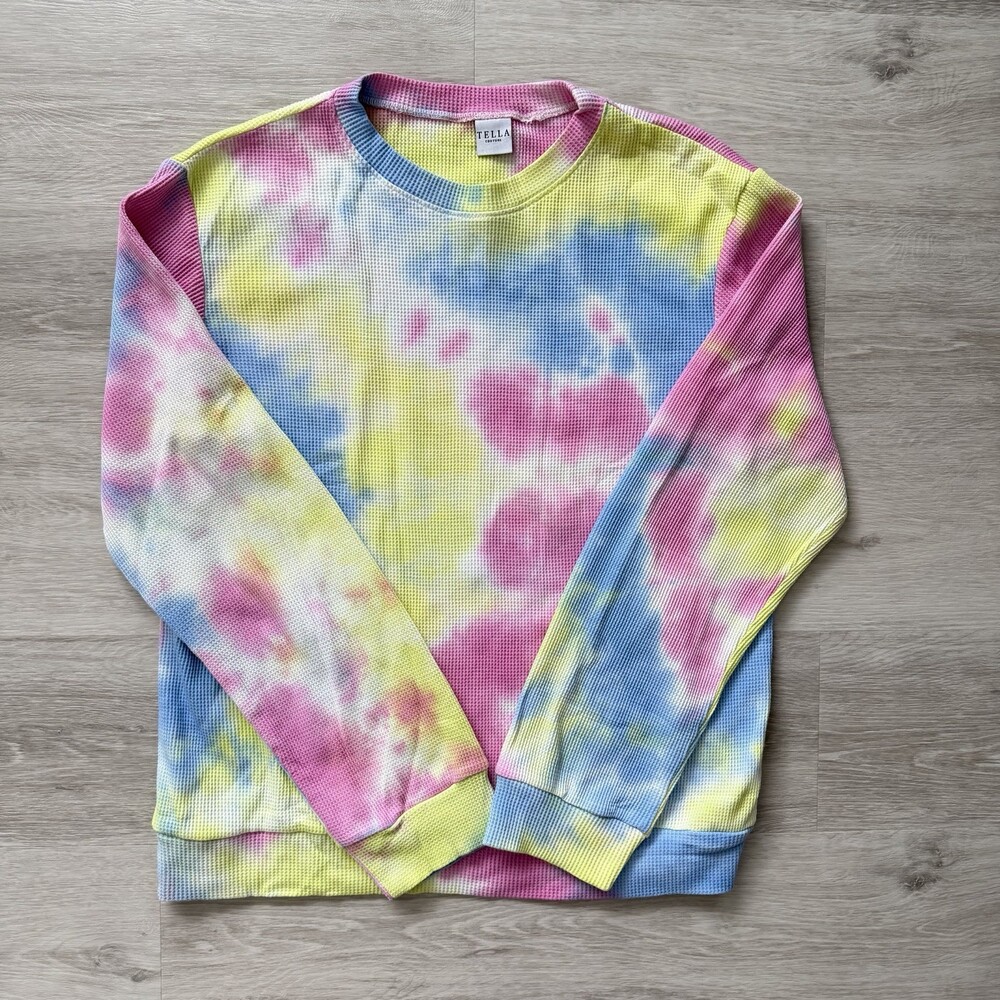 Tella Couture Sweatshirt Tie Dye Waflle Knit Sweater Women's XL Multicolor EUC